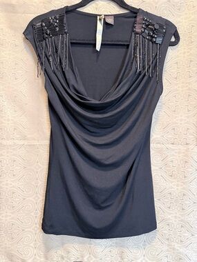 Black Beaded Fringe Cowl Neck Tank Top
